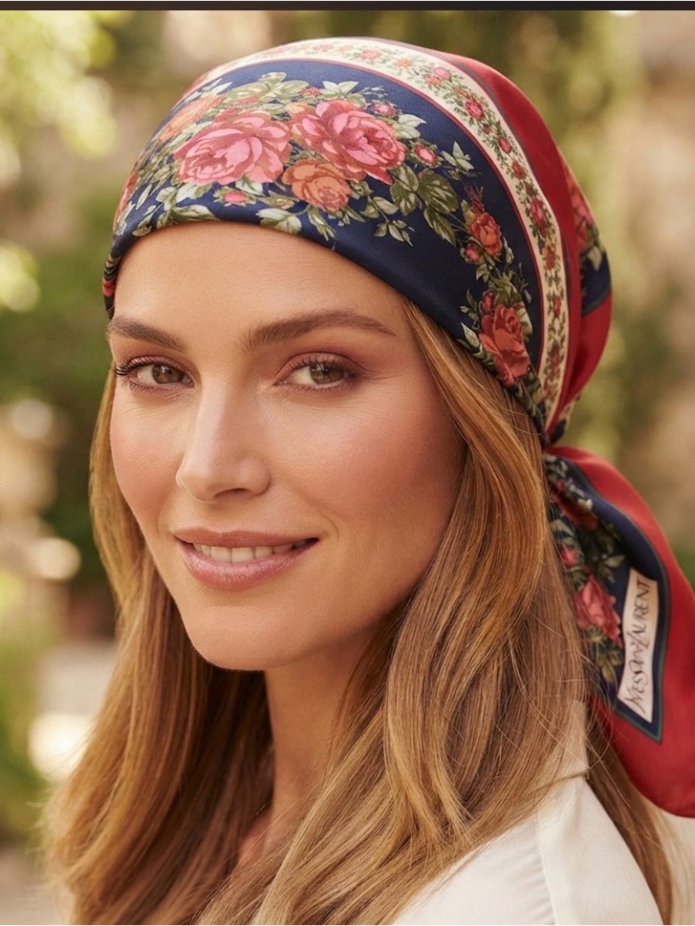 Yves Saint Laurent Floral Silk Headscarf in Navy & Red
